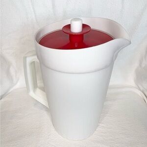 Vintage Tupperware white with red push lid pitcher
